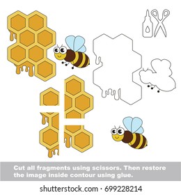 Use scissors and glue and restore the picture inside the contour. Easy educational paper game for kids. Simple kid application with Honey Bee