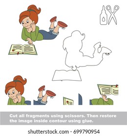 Use scissors and glue and restore the picture inside the contour. Easy educational paper game for kids. Simple kid application with Happy Reading Girl