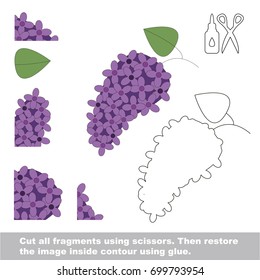 Use scissors and glue and restore the picture inside the contour. Easy educational paper game for kids. Simple kid application with Lilac