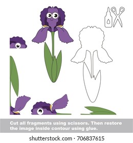 Use scissors and glue and restore the picture inside the contour. Easy educational paper game for kids. Simple kid application with Funny Flower Iris Violet