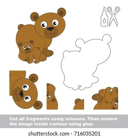 Use scissors and glue and restore the picture inside the contour. Easy educational paper game for kids. Simple kid application with Funny Mother and her Baby Brown Bears