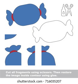 Use scissors and glue and restore the picture inside the contour. Easy educational paper game for kids. Simple kid application with Blue Candy