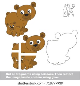 Use scissors and glue and restore the picture inside the contour. Easy educational paper game for kids. Simple kid application with Funny Brown bear mom and her child