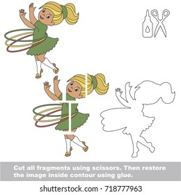 Use scissors and glue and restore the picture inside the contour. Easy educational paper game for kids. Simple kid application with Sport Girl and hula hoop