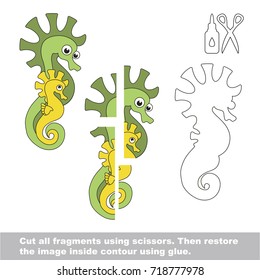 Use scissors and glue and restore the picture inside the contour. Easy educational paper game for kids. Simple kid application with Funny Mother Seahorse and her child