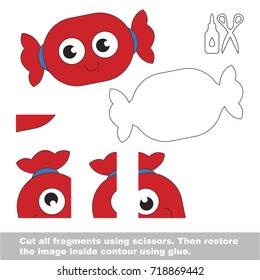 Use scissors and glue and restore the picture inside the contour. Easy educational paper game for kids. Simple kid application with Funny Red Sweet Candy