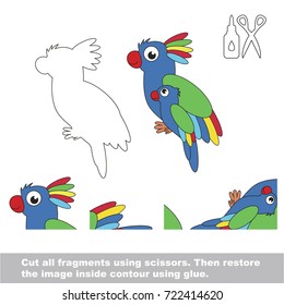Use scissors and glue and restore the picture inside the contour. Easy educational paper game for kids. Simple kid application with Mom and her child Parrot