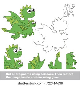 Use scissors and glue and restore the picture inside the contour. Easy educational paper game for kids. Simple kid application with Mom and her child Green Flying Dragon