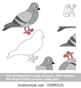 Use scissors and glue and restore the picture inside the contour. Easy educational paper game for kids. Simple kid application with Funny Grey Dove