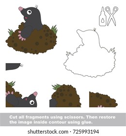 Use scissors and glue and restore the picture inside the contour. Easy educational paper game for kids. Simple kid application with Underground Animal Mole