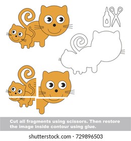 Use scissors and glue and restore the picture inside the contour. Easy educational paper game for kids. Simple kid application with Mom and her child Kitten