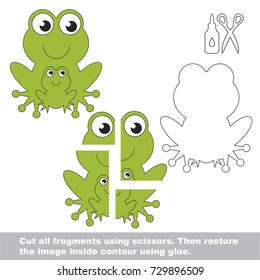 Use scissors and glue and restore the picture inside the contour. Easy educational paper game for kids. Simple kid application with Mom and her child Green Frog