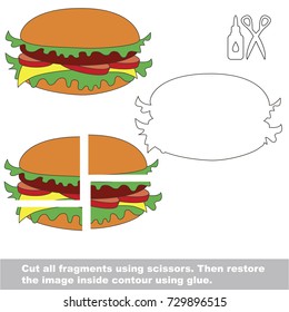 Use scissors and glue and restore the picture inside the contour. Easy educational paper game for kids. Simple kid application with Fast Food Hamburger