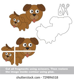 Use scissors and glue and restore the picture inside the contour. Easy educational paper game for kids. Simple kid application with Mom and her child Brown Dog