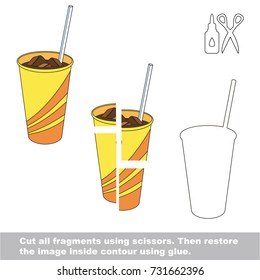 Use scissors and glue and restore the picture inside the contour. Easy educational paper game for kids. Simple kid application with Cold Drink