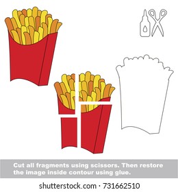 Use scissors and glue and restore the picture inside the contour. Easy educational paper game for kids. Simple kid application with Fried Potato Fast Food
