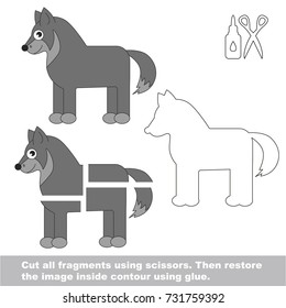 Use scissors and glue and restore the picture inside the contour. Easy educational paper game for kids. Simple kid application with Wolf