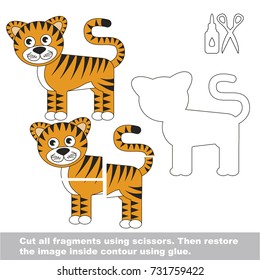 Use scissors and glue and restore the picture inside the contour. Easy educational paper game for kids. Simple kid application with Tiger