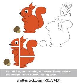 Use scissors and glue and restore the picture inside the contour. Easy educational paper game for kids. Simple kid application with Wild Squirrel and Nut