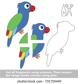 Use scissors and glue and restore the picture inside the contour. Easy educational paper game for kids. Simple kid application with Colorful Parrot