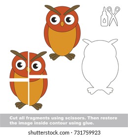 Use scissors and glue and restore the picture inside the contour. Easy educational paper game for kids. Simple kid application with Owl