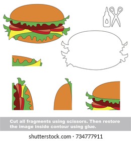 Use scissors and glue and restore the picture inside the contour. Easy educational paper game for kids. Simple kid application with Fast Food Tasty Hamburger