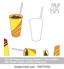 Use scissors and glue and restore the picture inside the contour. Easy educational paper game for kids. Simple kid application with Cold Ice Brown Drink