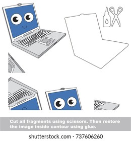 Use scissors and glue and restore the picture inside the contour. Easy educational paper game for kids. Simple kid application with Funny Laptop