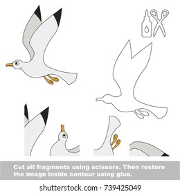 Use scissors and glue and restore the picture inside the contour. Easy educational paper game for kids. Simple kid application with Sea Gull