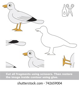 Use scissors and glue and restore the picture inside the contour. Easy educational paper game for kids. Simple kid application with Gull Bird