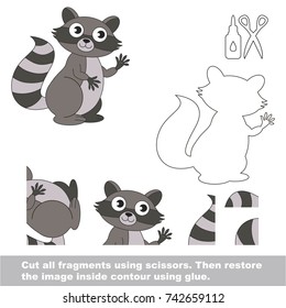 Use scissors and glue and restore the picture inside the contour. Easy educational paper game for kids. Simple kid application with Grey Raccoon