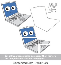 Use scissors and glue and restore the picture inside the contour. Easy educational paper game for kids. Simple kid application with Funny Laptop