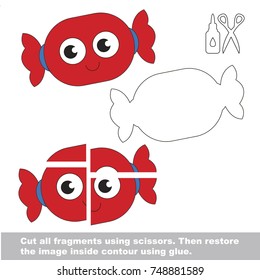 Use scissors and glue and restore the picture inside the contour. Easy educational paper game for kids. Simple kid application with Funny Candy