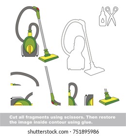 Use scissors and glue and restore the picture inside the contour. Easy educational paper game for kids. Simple kid application with Vacuum Cleaner