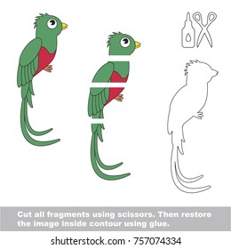 Use scissors and glue and restore the picture inside the contour. Easy educational paper game for kids. Simple kid application with Funny Green Bird Quetzal