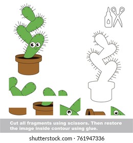 Use scissors and glue and restore the picture inside the contour. Easy educational paper game for kids. Simple kid application with Funny Cactus
