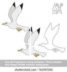 Use scissors and glue and restore the picture inside the contour. Easy educational paper game for kids. Simple kid application with Funny Seagull