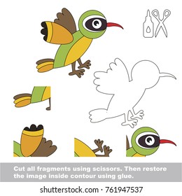 Use scissors and glue and restore the picture inside the contour. Easy educational paper game for kids. Simple kid application with Funny Xantus Bird