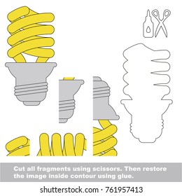Use scissors and glue and restore the picture inside the contour. Easy educational paper game for kids. Simple kid application with Lamp