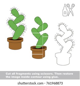 Use scissors and glue and restore the picture inside the contour. Easy educational paper game for kids. Simple kid application with Pot Flower Cactus