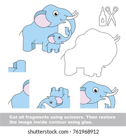 Use scissors and glue and restore the picture inside the contour. Easy educational paper game for kids. Simple kid application with Elephant Mom and her Infant
