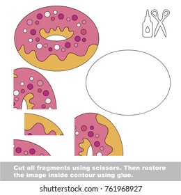 Use scissors and glue and restore the picture inside the contour. Easy educational paper game for kids. Simple kid application with Donut