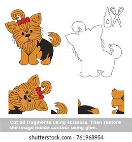 Use scissors and glue and restore the picture inside the contour. Easy educational paper game for kids. Simple kid application with Funny yorkshire terrier