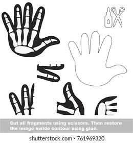 Use scissors and glue and restore the picture inside the contour. Easy educational paper game for kids. Simple kid application with X-ray Hand