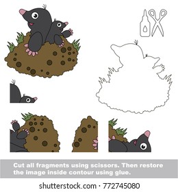 Use scissors and glue and restore the picture inside the contour. Easy educational paper game for kids. Simple kid application with Mom Mole and her Infant