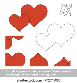 Use scissors and glue and restore the picture inside the contour. Easy educational paper game for kids. Simple kid application with Love - Two Heart Shapes