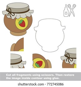 Use scissors and glue and restore the picture inside the contour. Easy educational paper game for kids. Simple kid application with Dessert Strawberry Jam