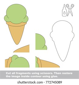 Use scissors and glue and restore the picture inside the contour. Easy educational paper game for kids. Simple kid application with pistachio ice cream