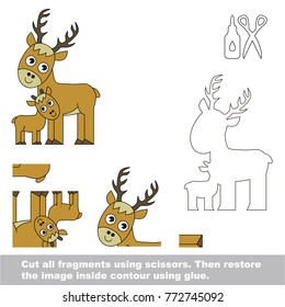 Use scissors and glue and restore the picture inside the contour. Easy educational paper game for kids. Simple kid application with Mother Deer and her Infant