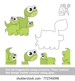 Use scissors and glue and restore the picture inside the contour. Easy educational paper game for kids. Simple kid application with Dinosur Brontosaurus and her Infants